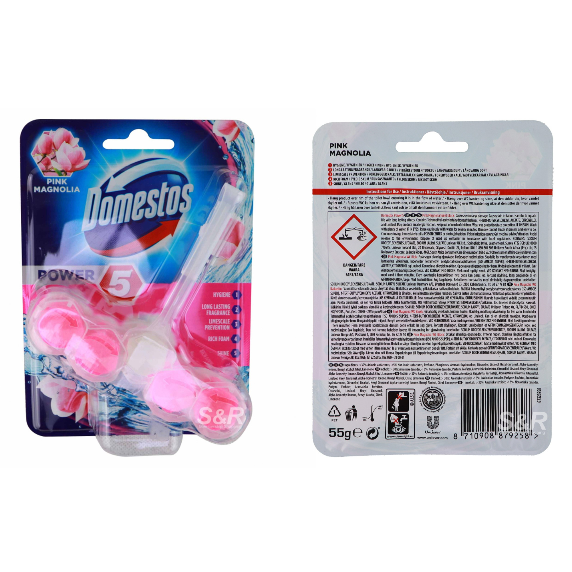 Domestos Power 5 Pink Magnolia Toilet Block 55g Domestos Power 5 Pink Magnolia Toilet Block 55g